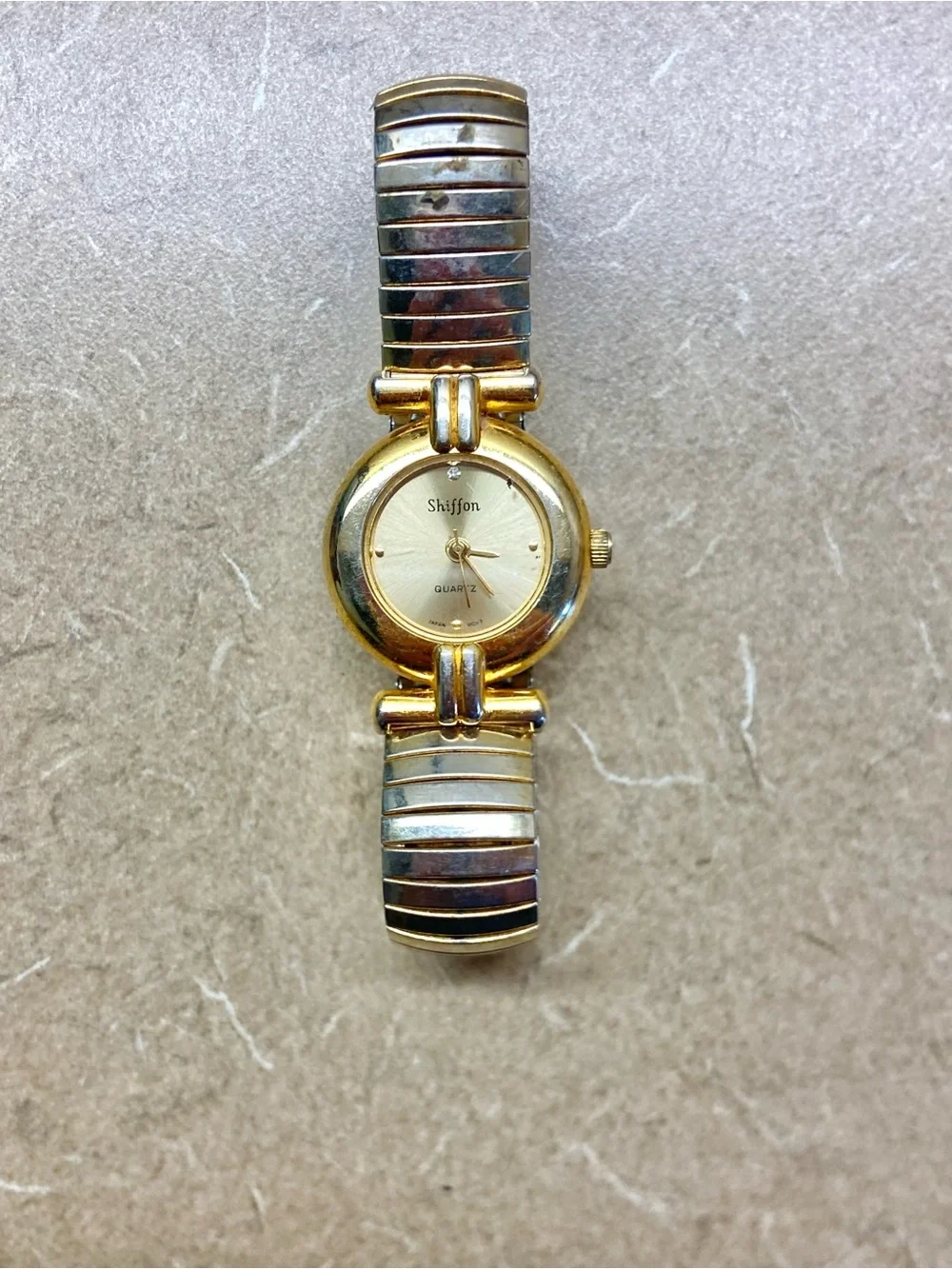 Shiffon Two-Tone Gold and Silver Women's Stretch Bracelet Watch